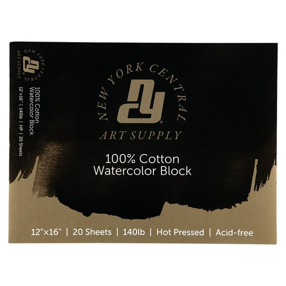 New York Central 100% Cotton Watercolor Paper Blocks - Hot Press Acid-Free Premium Watercolor Paper for Artists, Painting, Water Media, Professionals, & More! - 12x16"