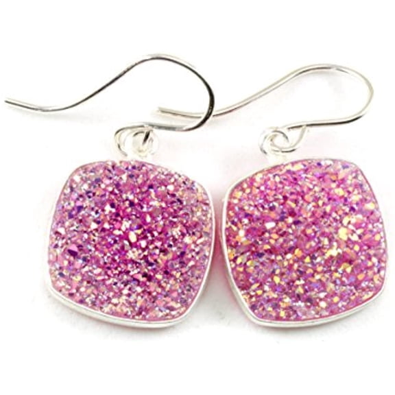 Sterling Silver Pink Drusy Earrings Square Cut Druzy Dangle Drops Silvertone Bezel Setting Designed for Adult Women