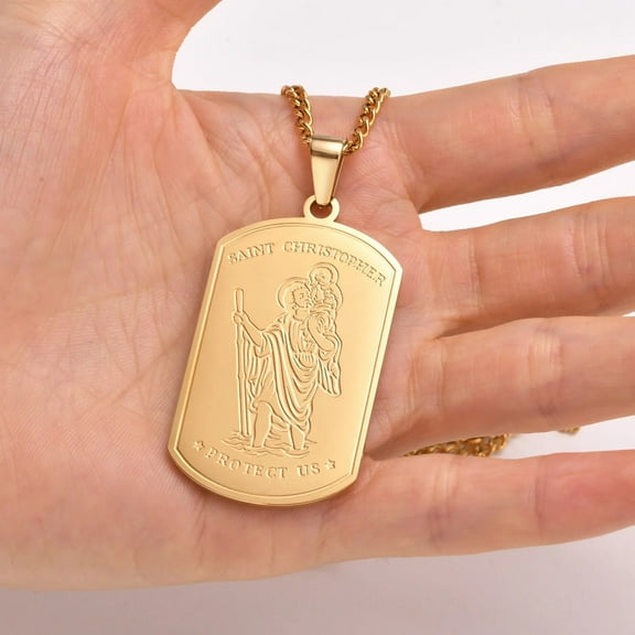 Saint Christopher Protect US Medallion Pendant,14K White Gold Dot Tag Necklace for Men, Christian Jewelry