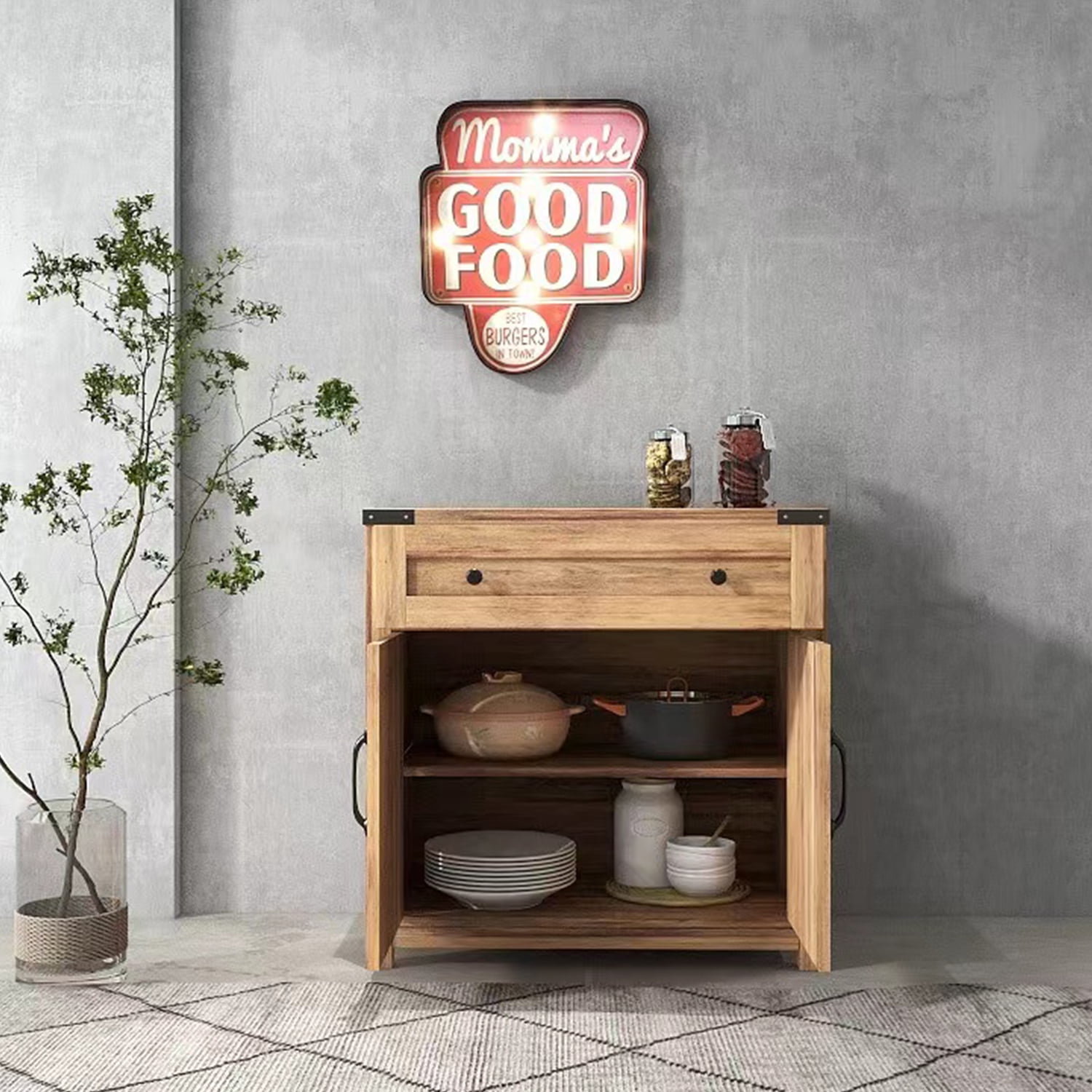 Kadyn Modern Farmhouse Double Barn Door Accent Cabinet, Particle Board Accent Storage Cabinet for Living Room, Bright yellow Storage Cabinet with Drawer