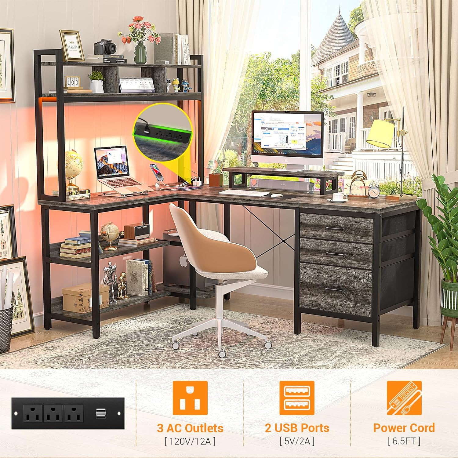 Homieasy 58.7'' L Shaped Computer Desk with Hutch, Power Outlets, LED Lights & Storage Drawers, for Home & Office, Gray Oak
