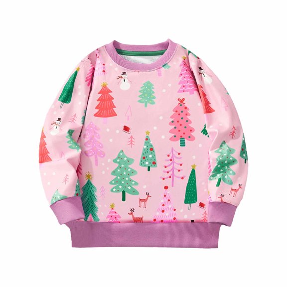 Toddler Girl's Long Sleeve Sweatshirt Crew Neck Christmas Tree Print Casual Soft For Party School Sweatshirts Cute Trendy Fall Pullover Tops Size 2-3T