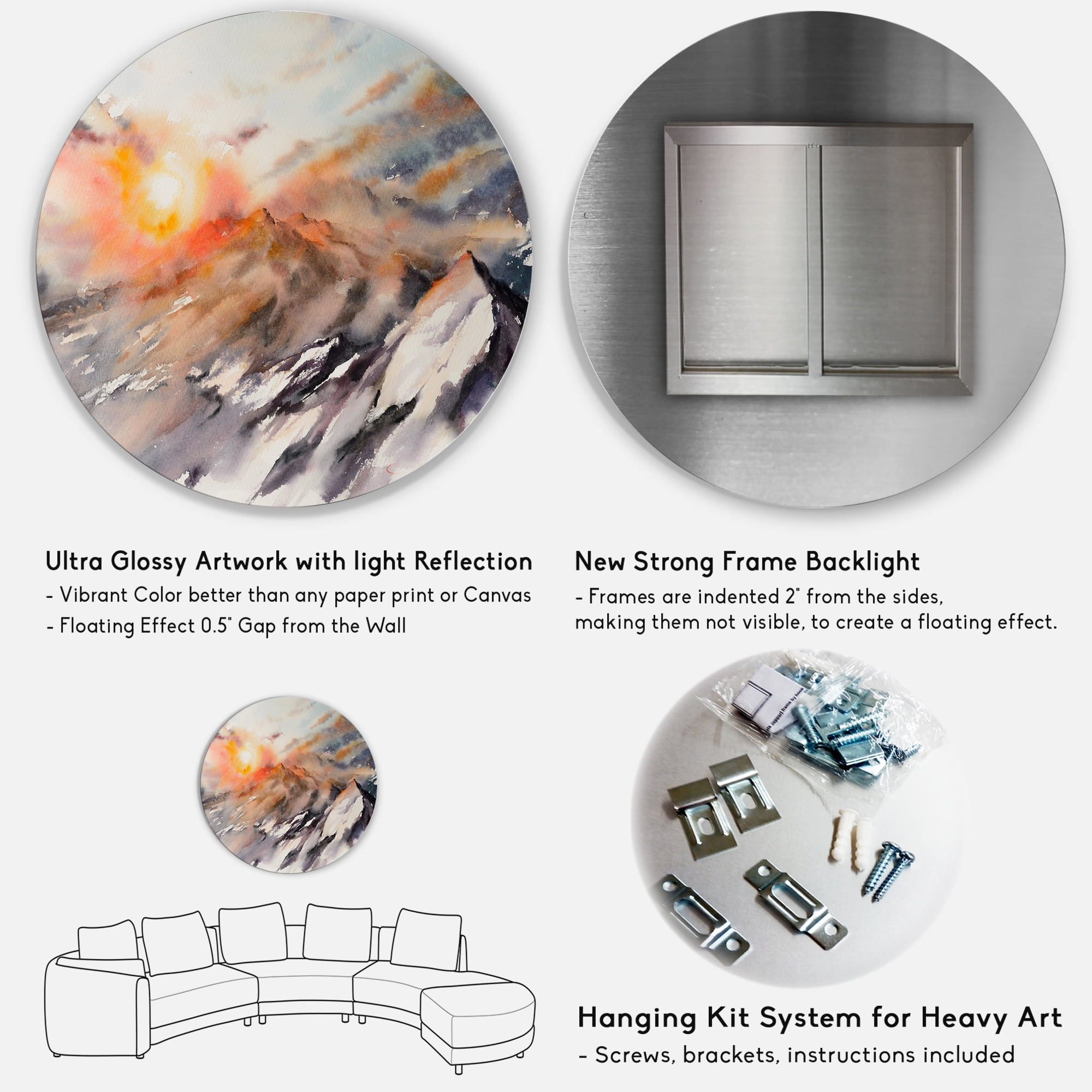 Designart 'Majestic Sunset Glow on The Mountains Landscape' Traditional Circle Metal Wall Art 36x36 - Disc of 36