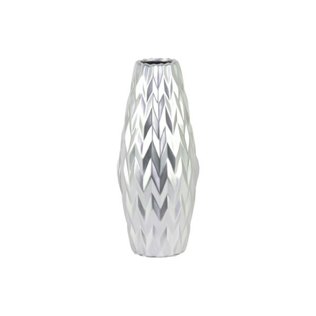Vase en Céramique Design Vague Embossé avec Lèvres Rondes, Grand, Argent