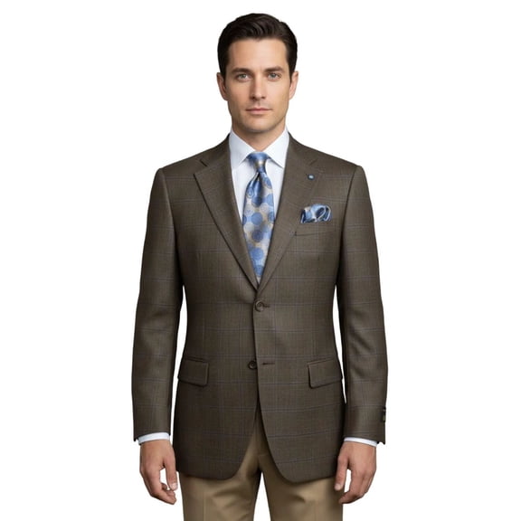 Mens sport Coat APOLLO KING Window Pane 100% Wool super 150's C14 Brown Coffee