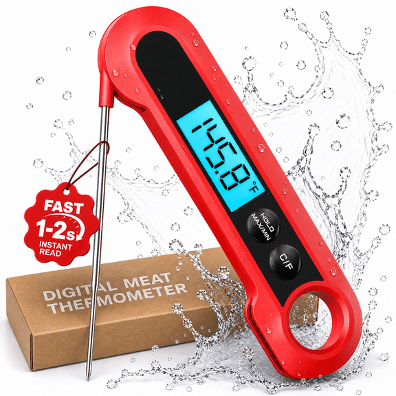 Meat Thermometer, Instant Read Digital Food Thermometer with Foldable Probe, IP67 Waterproof Cooking Thermometer for Grilling BBQ Smoker Air Fryer, Red