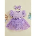 thumbnail image 3 of Musuos Baby Girl Valentine's Day Jumpsuit with Bow Headband 3 6 12 18 24M Short Sleeve Tulle Mesh Ribbed Patchwork Romper Dress, 3 of 10