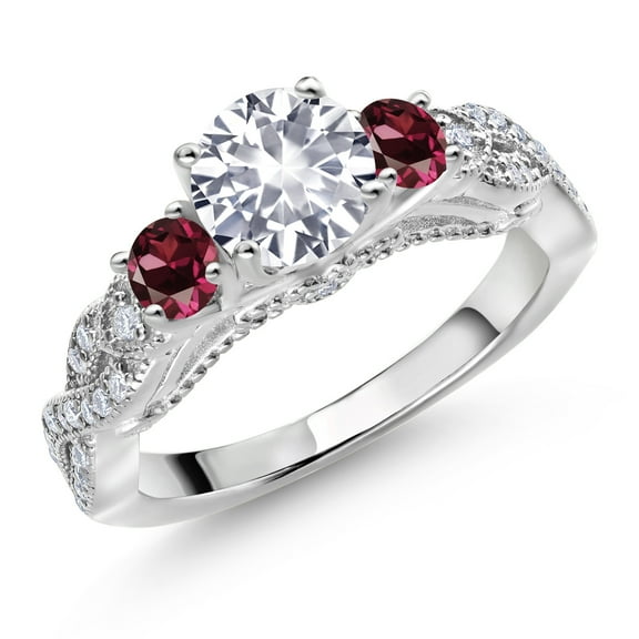 Gem Stone King 925 Sterling Silver White Created Sapphire Red Rhodolite Garnet and White Moissanite Engagement Ring for Women (1.51 Cttw, Gemstone September Birthstone, Round 6MM and 3MM, Size 7)