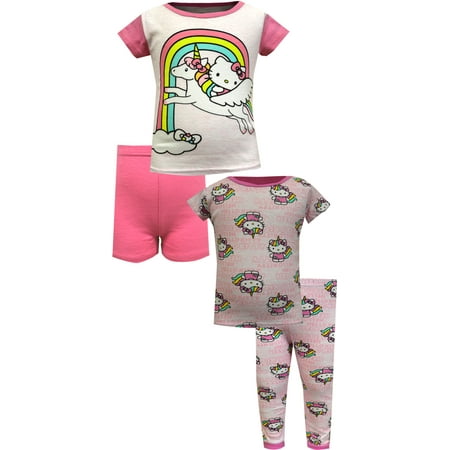 Favorite Characters Girls' Hello Kitty Unicorns and Rainbows Toddler Cotton 4 Piece Pajamas (3T)