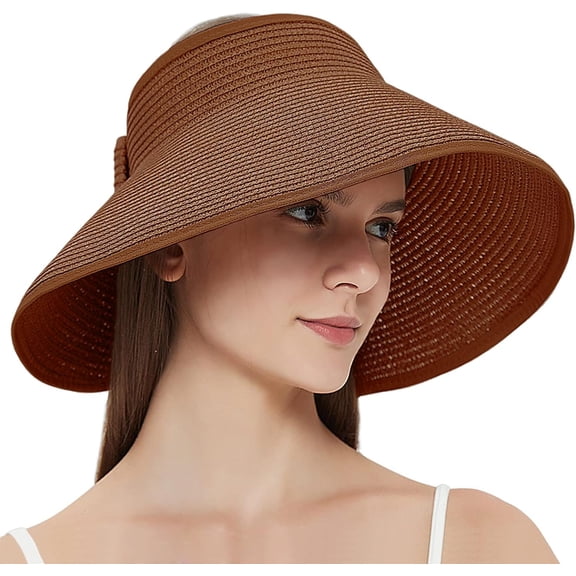 Kukuzhu Women Straw Sun Visor Wide Brim Straw Sun Hat Floppy Foldable Ponytail Beach Hat Roll Up Empty Top Cap