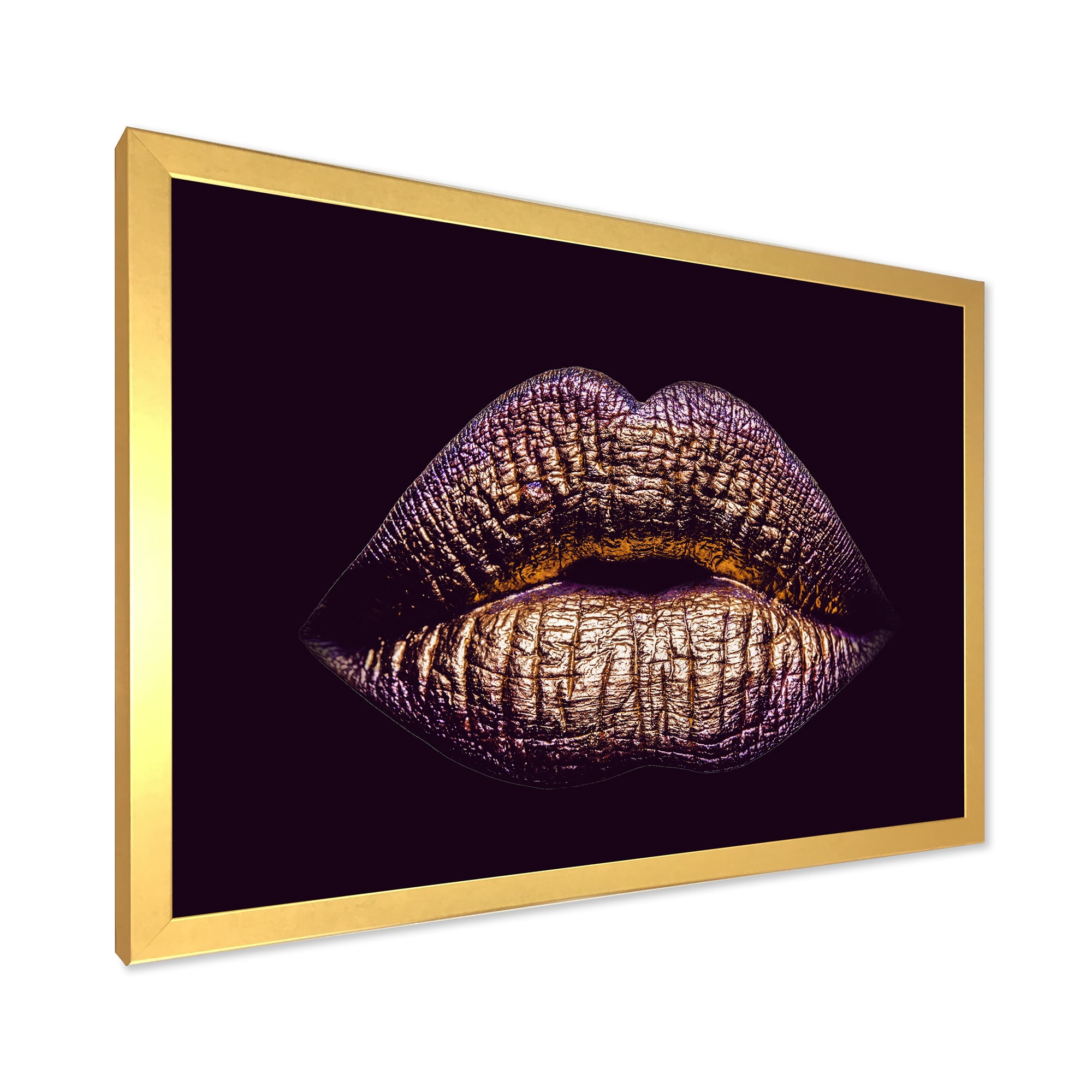 Designart 'Sexy Golden Metallized Woman Lips III' Modern Framed Art Print
