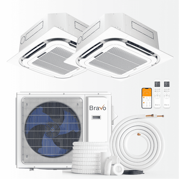BRAVO 24,000 BTU Dual Zone 12000   12000 BTU Ceiling Cassette Ductless Mini Split A/C and Heater with 16ft Installation Kits