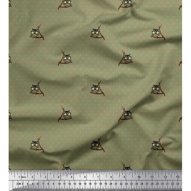 Soimoi Satin Silk Fabric Dot & Owl Bird Fabric Prints by Yard 42 Inch Wide