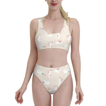 High Waisted Bikini Sets For Women  Cute Cartoon Rabbit Flower Two Piece Swimsuit Sporty Scoop Neck Bathing Suit