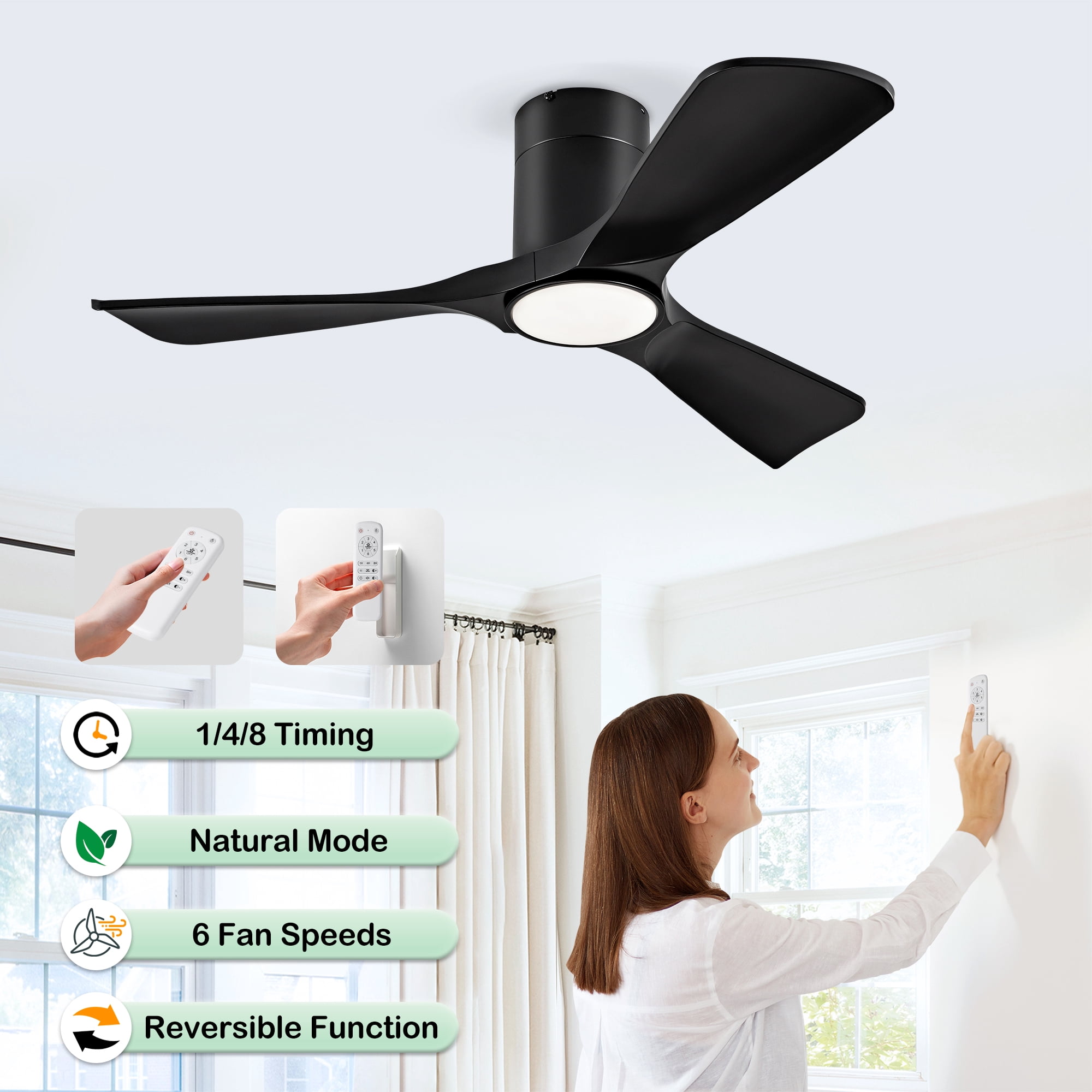 Ceiling Fan with Lights, 42 Inch Flush Mount Remote Control ABS Blades Ceiling Fan for Bedroom Farmhouse Home, Black