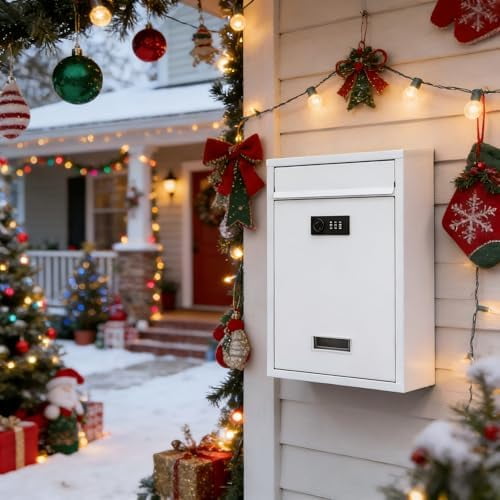 Locking Wall Mount Mailbox, Mail Boxes with Combination Lock for Outside, Security Cash Key Letter Drop Box with Code for House Office School,12.4H x 8.54L x 3.35W Inches, White