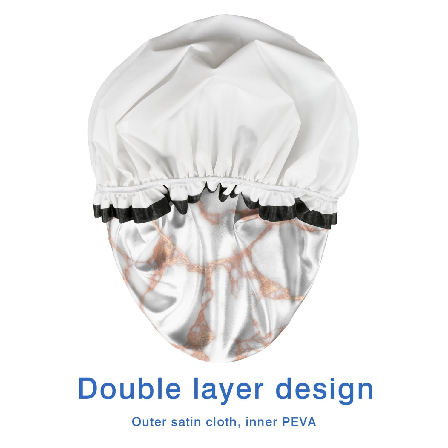 Shower Caps,White Marble Rose Gold Line Pattern Waterproof Shower Cap for Women 4 Pieces,Double Reusable Hair Cover for Shower PEVA Elastic Stretch Hem