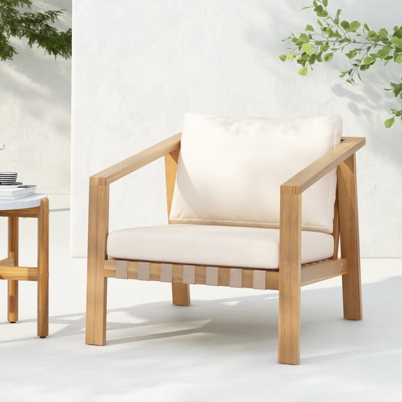 Christopher Knight Home Patio Lounge Chair with Rope Back, Solid Wood Frame, Beige Cushion