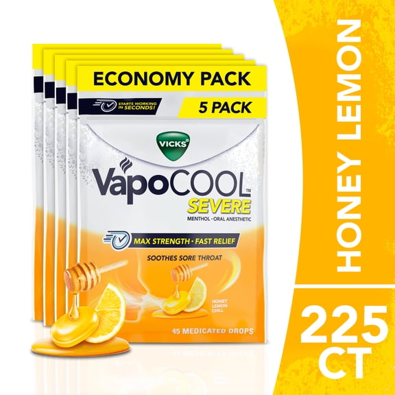 Vicks Vapo Cool Severe Menthol Drops, Cold Medicine for Sore Throat Remedy, Honey Lemon, 225 Count