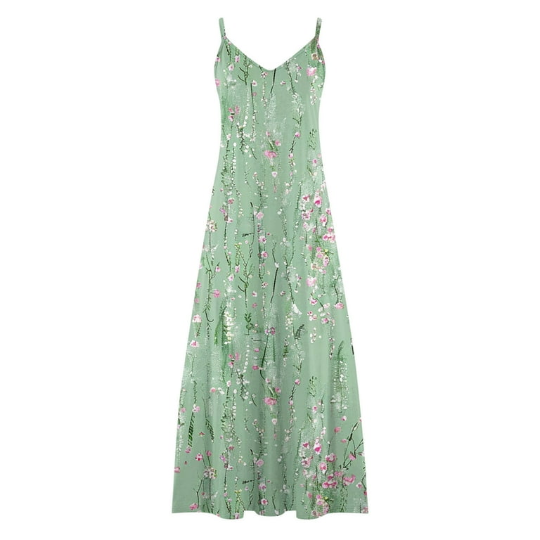 Puntoco Dresses for women Women's Summer Casual Sleeveless V Neck Strappy Split Loose Dress Beach Cover Up Long Cami Maxi Dresses Green 8(l), Size: 8(