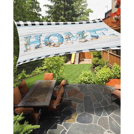 Beach Theme Home Waterproof Sun Shade Sail Retro Shell Starfish Wood Grain Black Plaid Outdoor Patio Sun Shades Canopy UV Block Waterproof Sunshade for Garden Backyard Deck Pergola 6.5x10 Ft