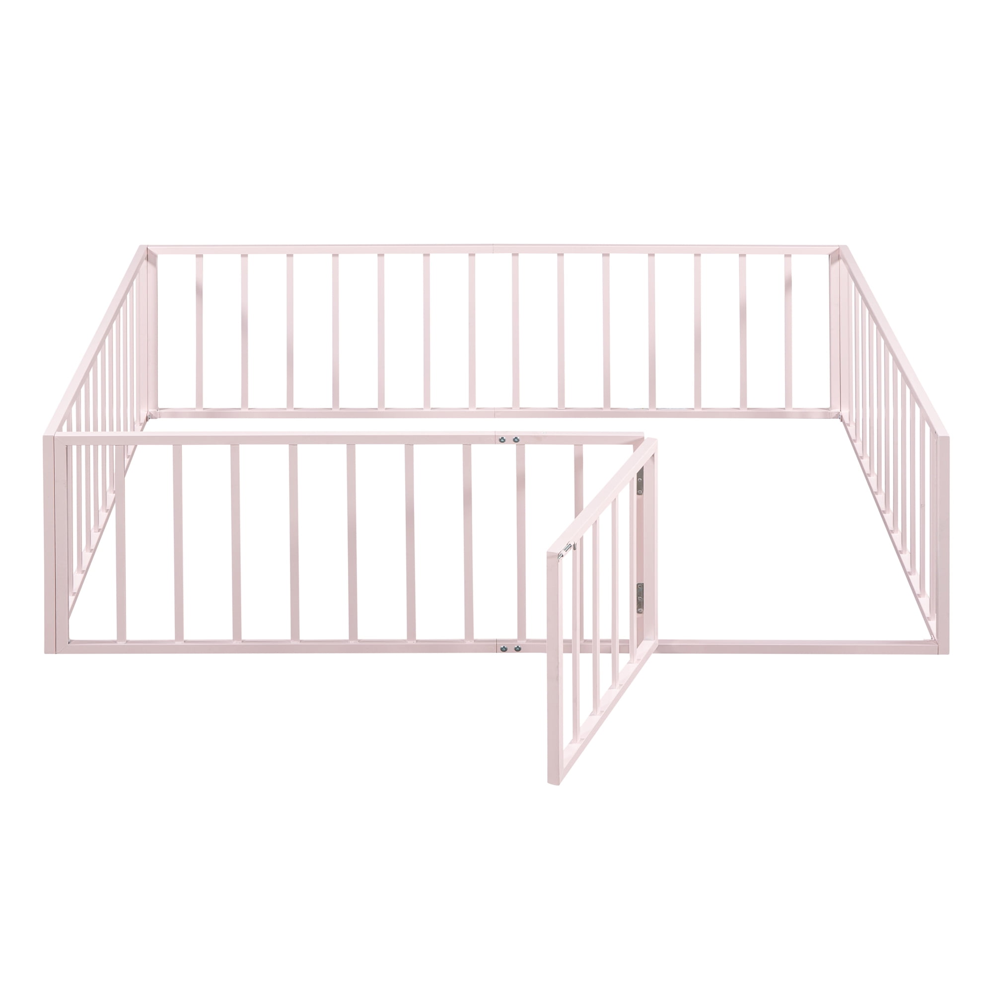 Harper & Bright Designs Full Floor Bed Frame for Kids, Metal Montessori Floor Bed with Rails and Door, Floor Full Size Bed Frame with Fence-Shaped Guardrails, Pink