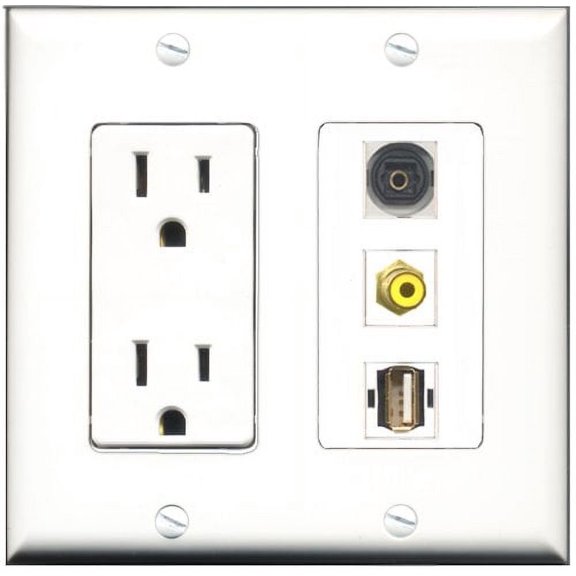 RiteAV - 15 Amp Power Outlet 1 Port RCA Yellow 1 Port USB A-A 1 Port Toslink Decorative Wall Plate