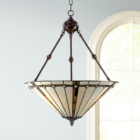 

Robert Louis Tiffany Bronze Pendant Chandelier 20 Wide Tiffany Style Gold Texture Ivory Stained Glass Dining Room House Kitchen