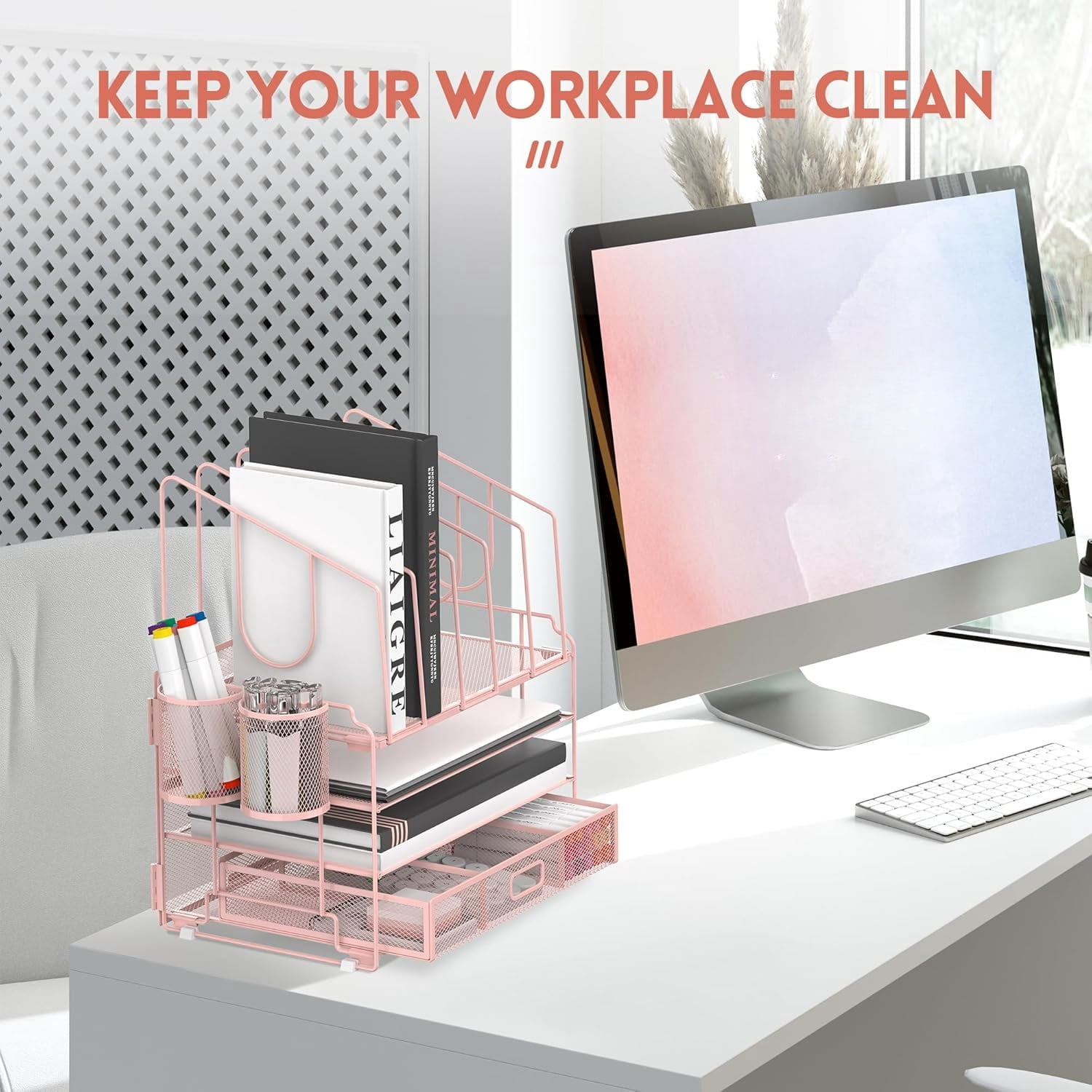 INTIGE 4-Tier Metal Desk Organizer with Drawer, 5 Vertical File Holders and 2 Pen Holders, Pink, 1 Pcs