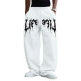 thumbnail image 2 of Men's Gothic Letter Graphic Wide Leg Sweatpants Elastic Waist Drawstring Loose Fit Hip Hop Street Casual Baggy Trousers for Everyday Outfit White M, 2 of 5