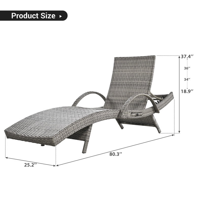 Patio Wicker Chaise Lounge Chairs Set of 2, 5-Level Adjustable Backrest Rattan Pool Recliner Chair with Pull-out Side Table, Sunbathing Recliners