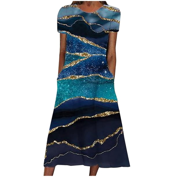Moda mujer verano casual cuello redondo estampado bolsillo manga corta vestido suelto Fridja bnh1787