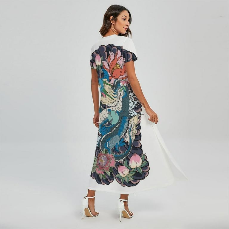NOBRAND Blue Japanese Dragon Tattoo Printed Short Sleeve Maxi Dress, Dragons Fashion Summer Maxi Dress for Women, Women's, Size: Small
