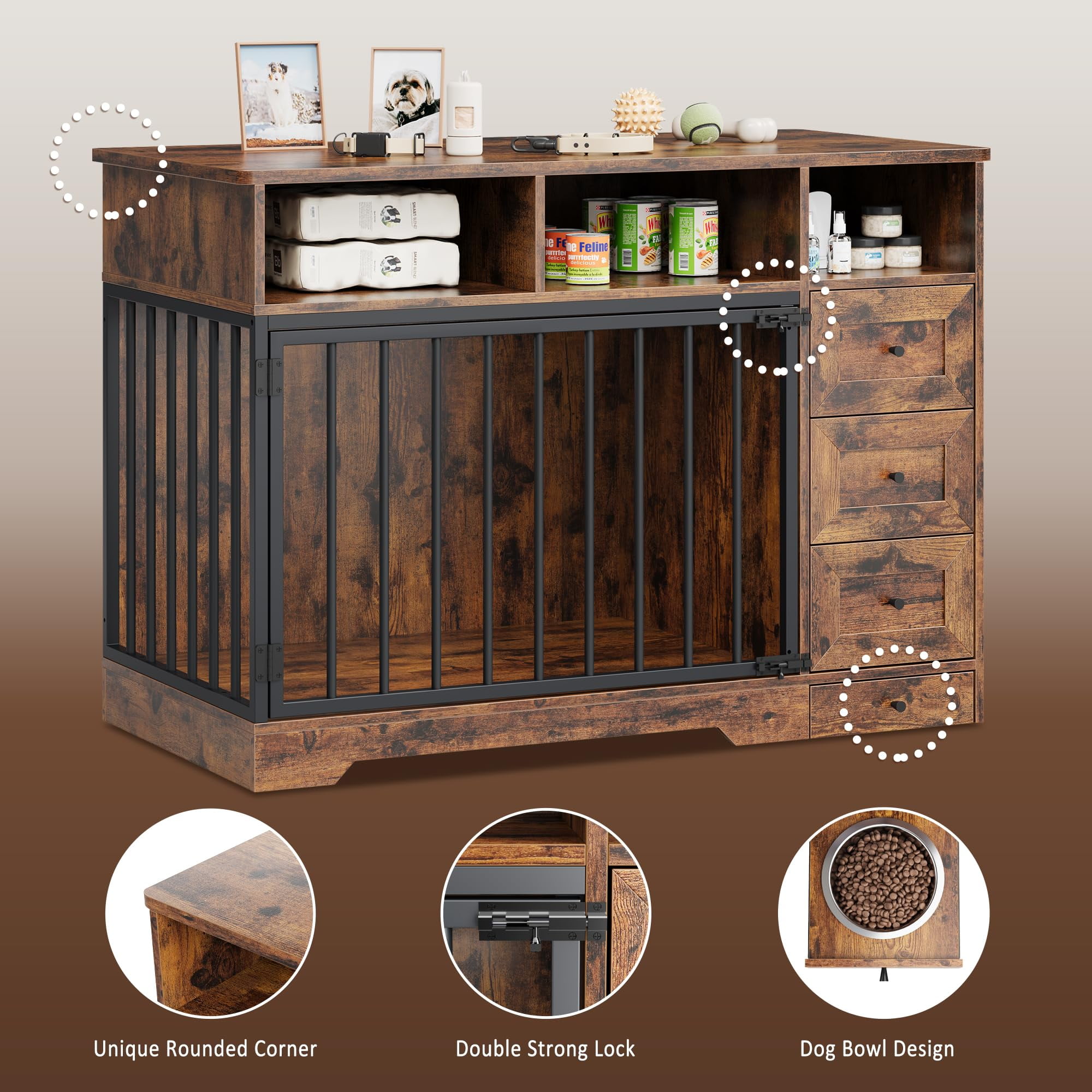 Studyset 48 Inch Dog Crate Furniture,Wooden Dog Kennel Indoor with Dog Bowl & Storage Drawers,Modern Pet Cage Side End Table,Heavy Duty Pet Crate Table for Medium Small Dogs for Living Room,Entryway