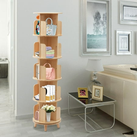 UPC: 0733835681259 | Wuzstar 360° Rotating Bookshelf Floor Standing Wooden Display Bookcase Storage Rack for Kids&Adults(5 Tiers)