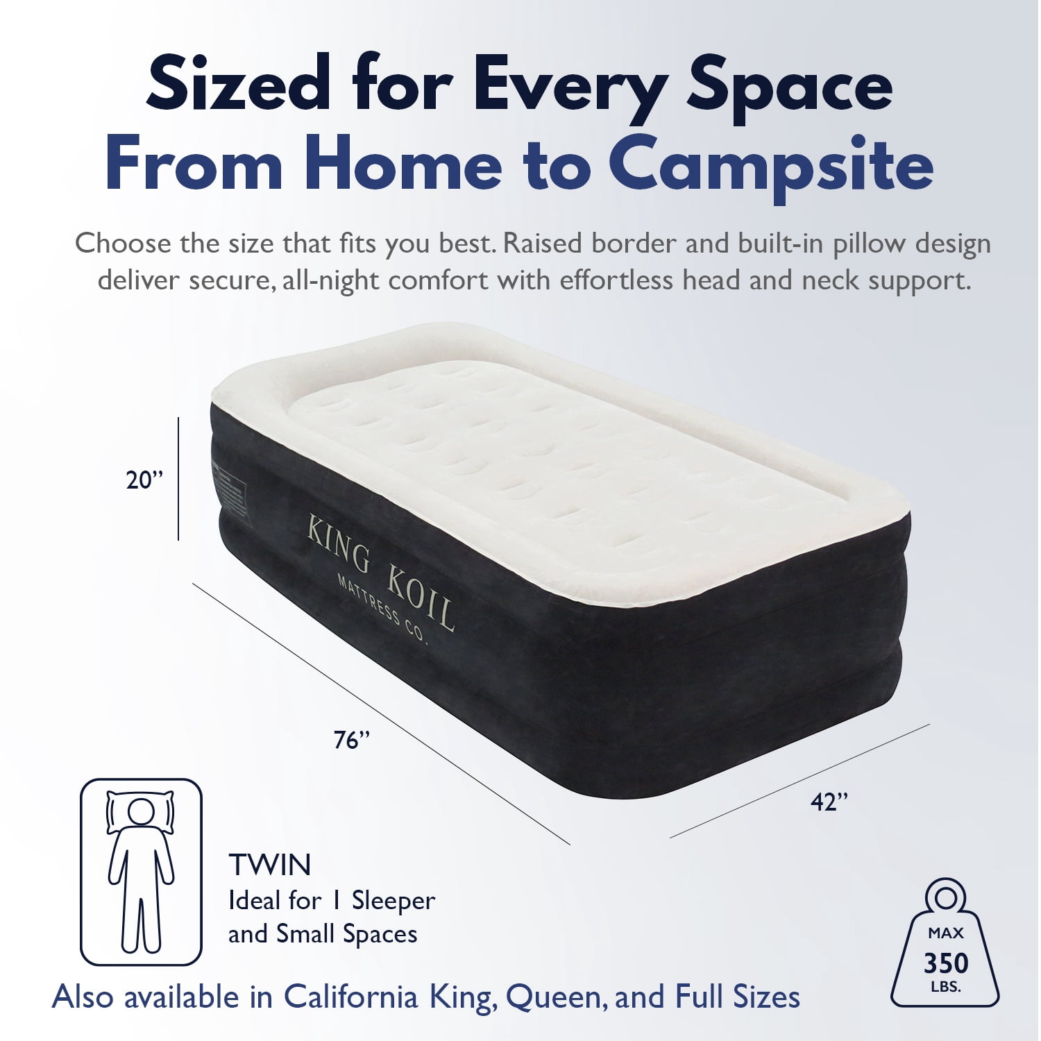King Koil Twin Air Mattress with Built-in Pump, 20” Raised Inflatable Bed- Luxury blow up mattress for guests & small spaces • Inflates in 90 seconds • 350 lb capacity • Patented high-speed pump