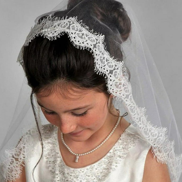 Bridal Bride Wedding Veil Communion comb headpiece white lace trim tulle  28”