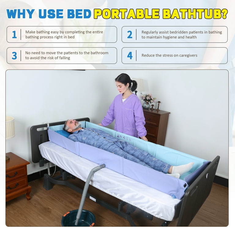 Ehucon 3-Fold Portable Bed Bath Tub for Disabled and Elderly – Shower Bed with Water Pillow, Drainage Pipes & Storage Bag, Adjustable Angle Bathtub for Bedridden Patients