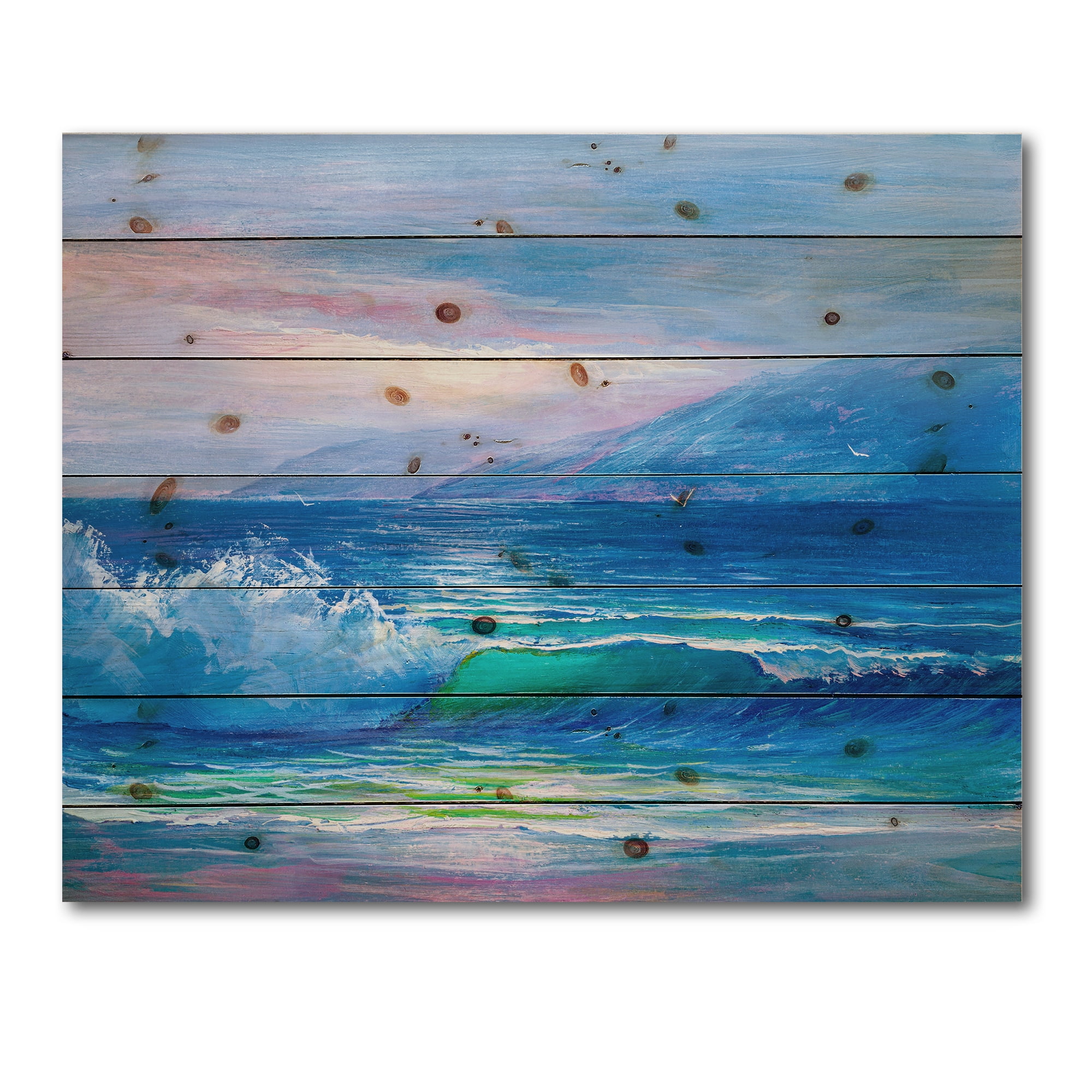 Designart 'Blue Waves Breaking At The Beach Landscape II' Nautical & Coastal Print on Natural Pine Wood
