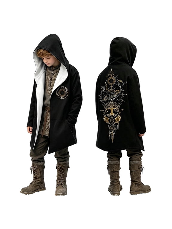Jesus Hoodies for Kids Norse Mythology Hooded Cloak Thermal Outerwear Coats Black 11-12 Years