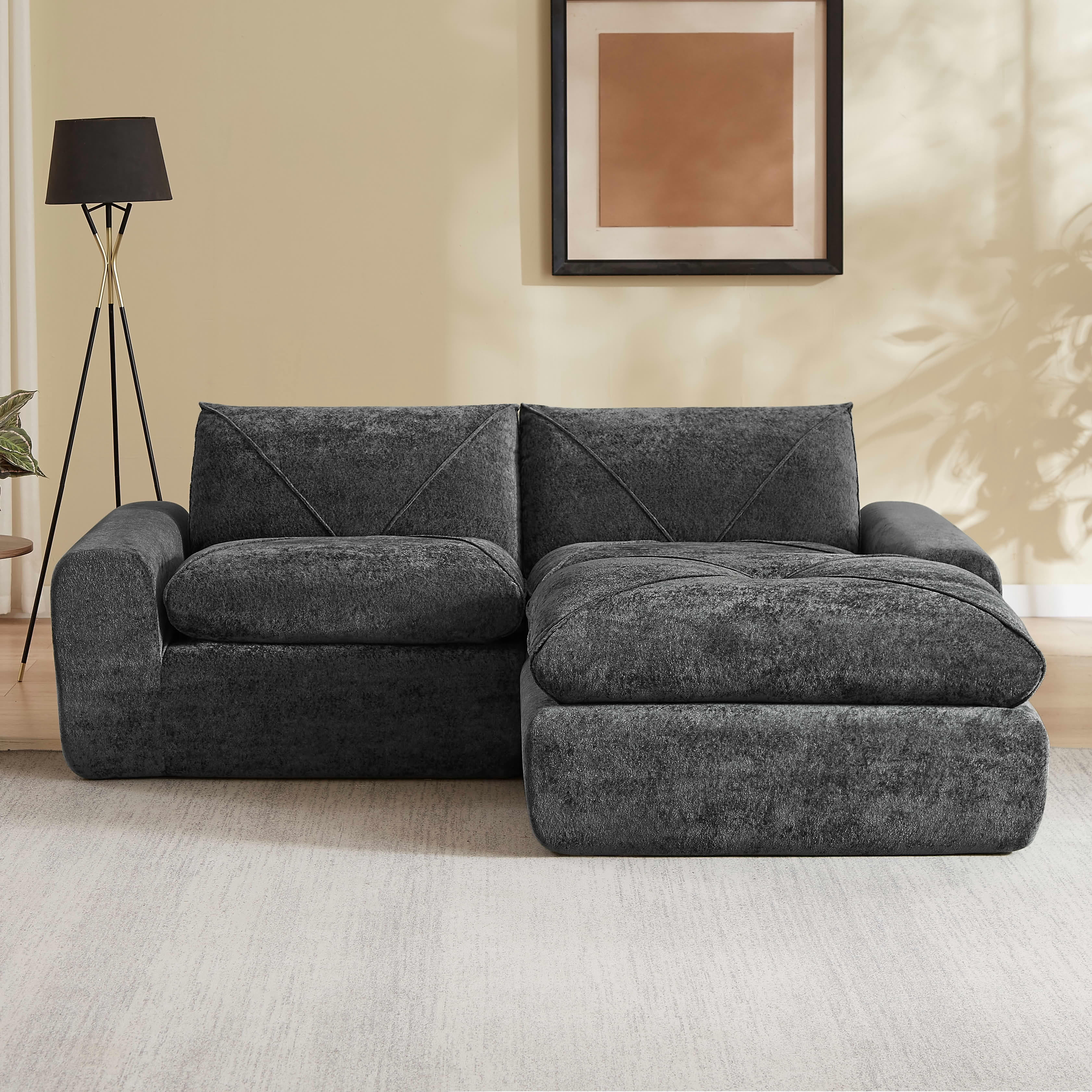 MAYEERTY 85" Dark Gray Chenille Modular Sectional Sofa, Spring Support with Ottoman for Living Room Apartment