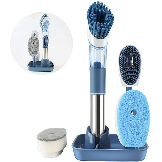 Ensemble de Brosses à Vaisselle avec Distributeur de Savon, Brosse à Vaisselle avec Support pour Cuisine, Têtes de Brosse de Rechange, Brosse à Récurer Réutilisable pour Contrôler le Savon