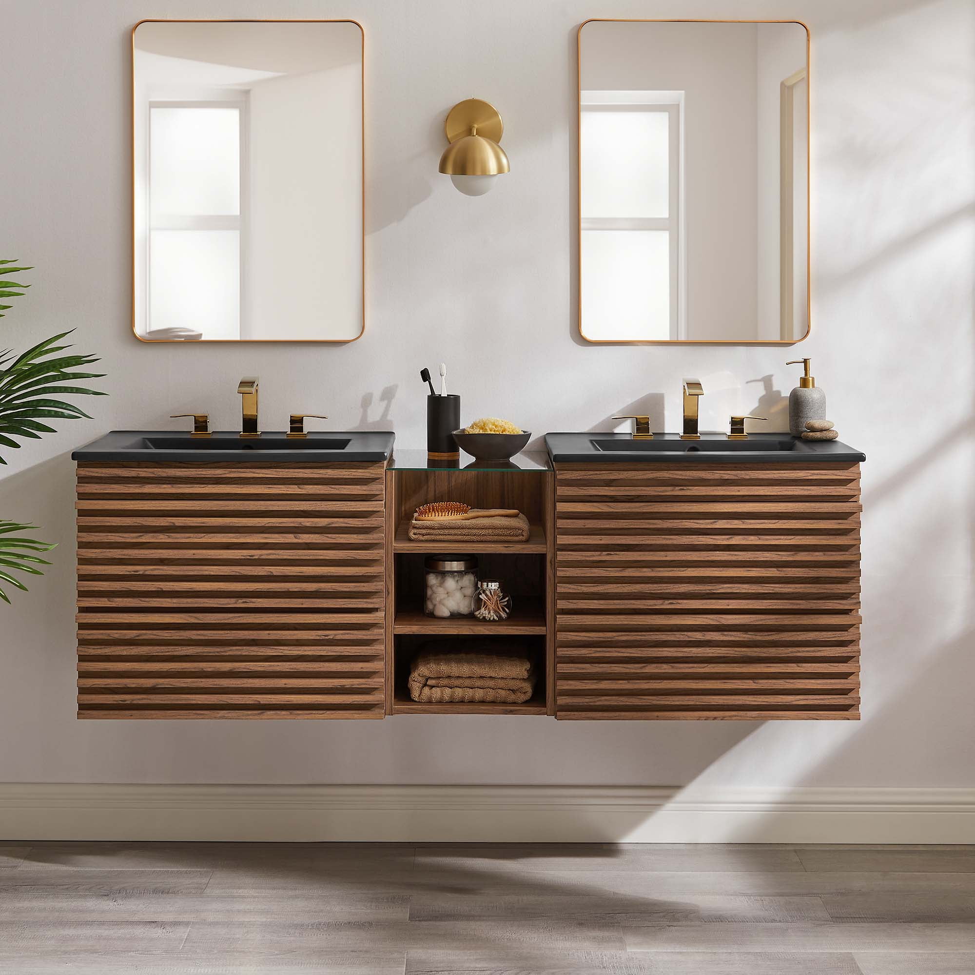 Modway Render Wall-Mount Bathroom Vanity in Walnut/Black