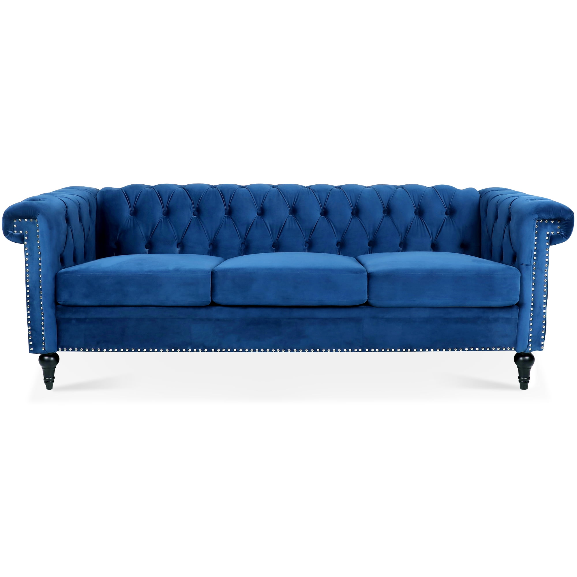 Kadyn 83.66 Inch Removable Cushion 3 Seater Sofa, Fabric Square Arm Fabric Sofa Couch with Silver Studs Trim, Blue Upholstered Upholstered Sofa for Living Room&bedroom