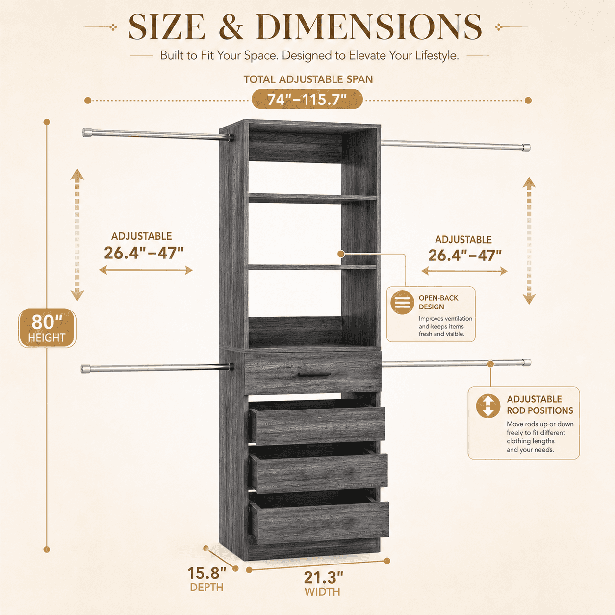 Homieasy 4-9 Ft Adjustable Wooden Closet Organizer System with 4 Drawers, 4 Hanging Rods & Shelving Towers - Heavy Duty Walk-in Wardrobe Rack, Space-Saving Design, Easy Assembly,Gray Oak