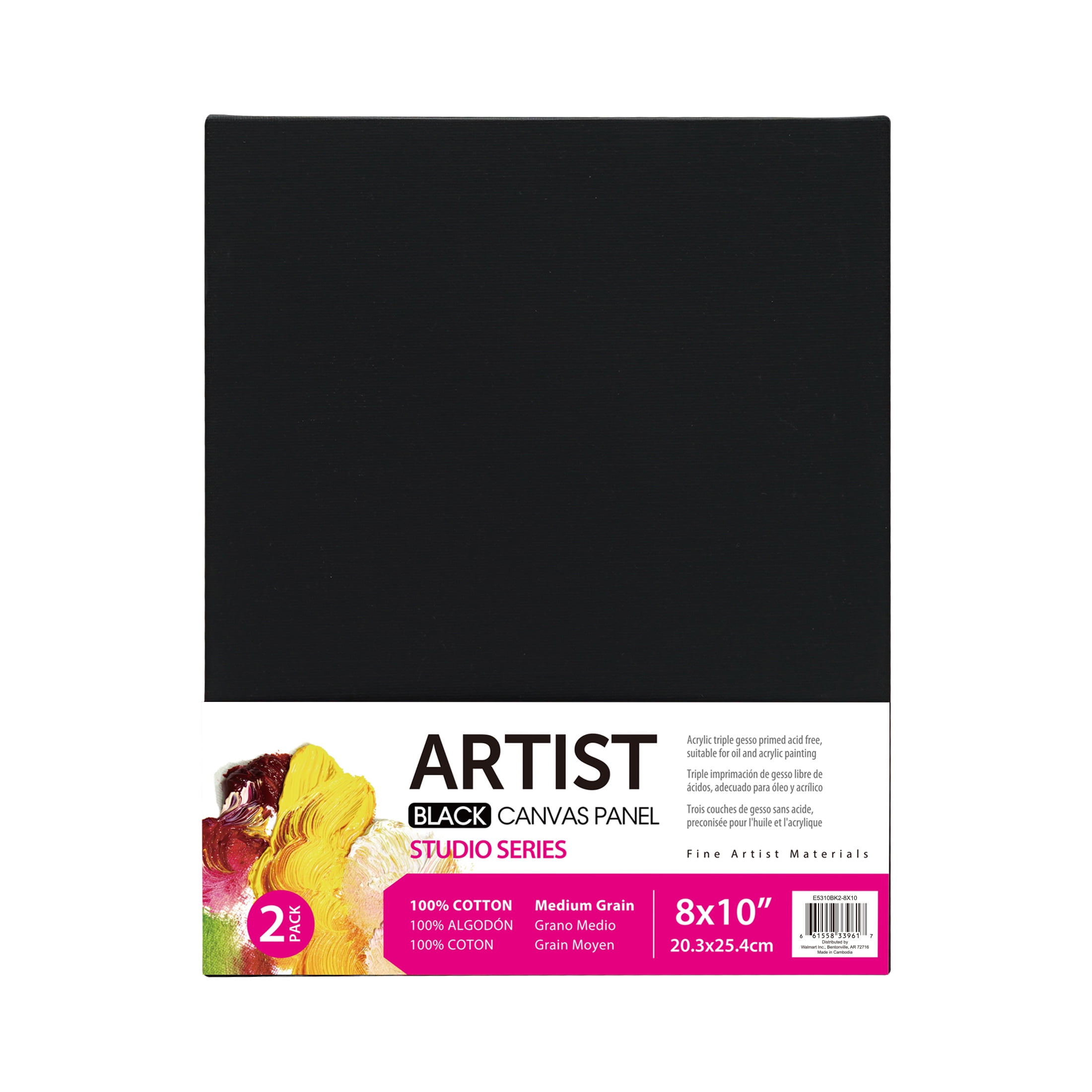 (2 pack) Studio Canvas Panel, 100% Cotton Acid Free Black Canvas, 8"X10", 2 Pieces, Academic Canvas, Great Chioce for Beginners and Hobbyists of All Skill Levels.