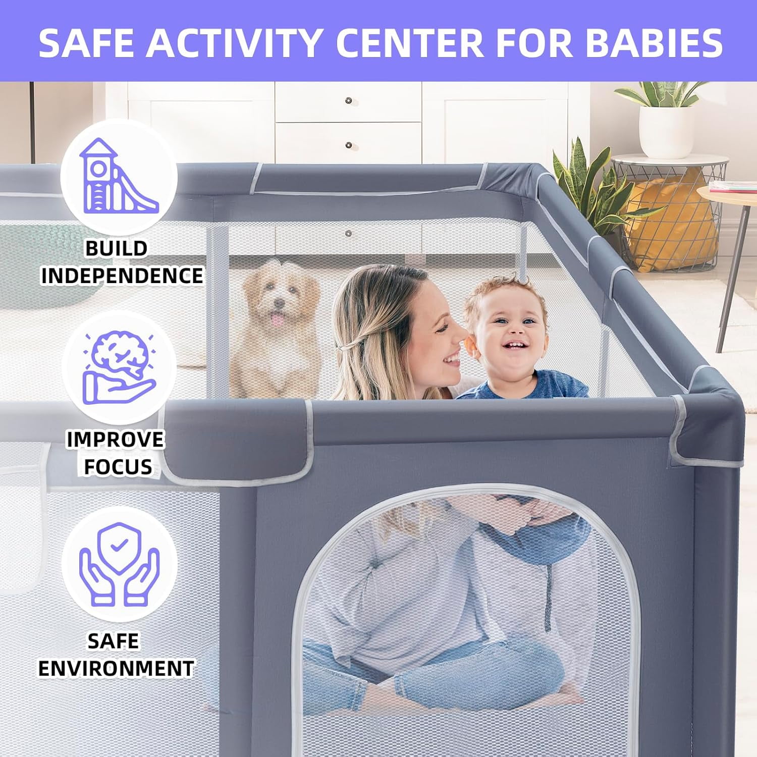kmaier Baby Play Yards, Large Infant Travel Fence,Sturdy Secure Playpen,for Toddler,Gray