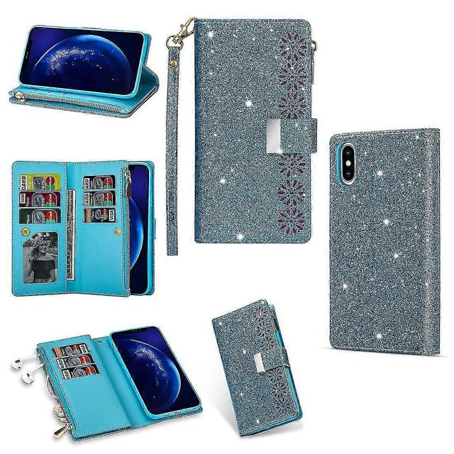 Funda de piel con cremallera y purpurina para iPhone Xs Max, color azul cielo