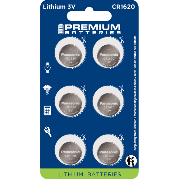 Premium Batteries Panasonic CR1620 3V Child Safe Lithium Coin Cell (6 Count)