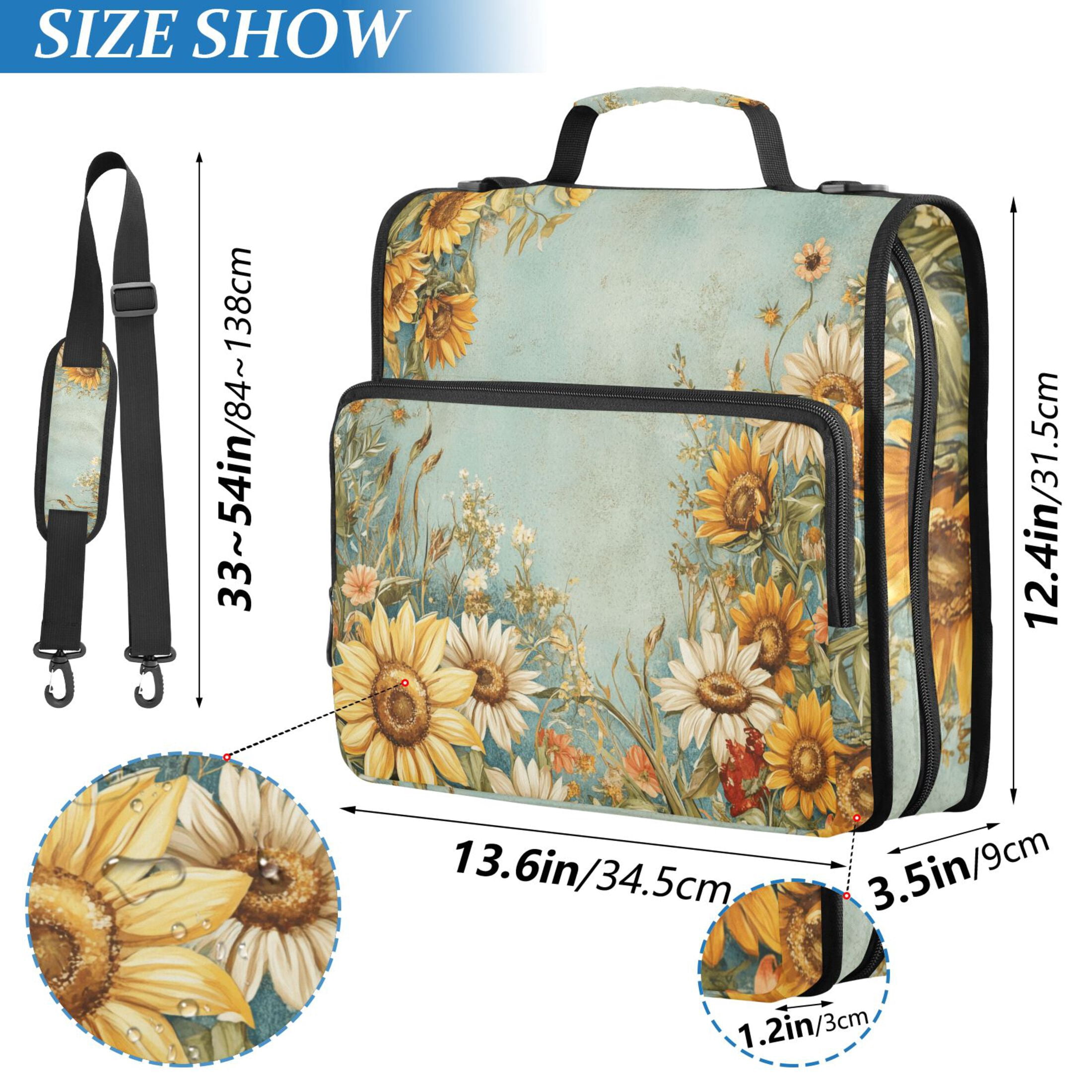 3 Ring Zipper Binder with Shoulder Strap Waterproof Trapper Keeper 2 Inch D-Ring 500 Sheets Capacity Vintage Sunflowers and Wildflower